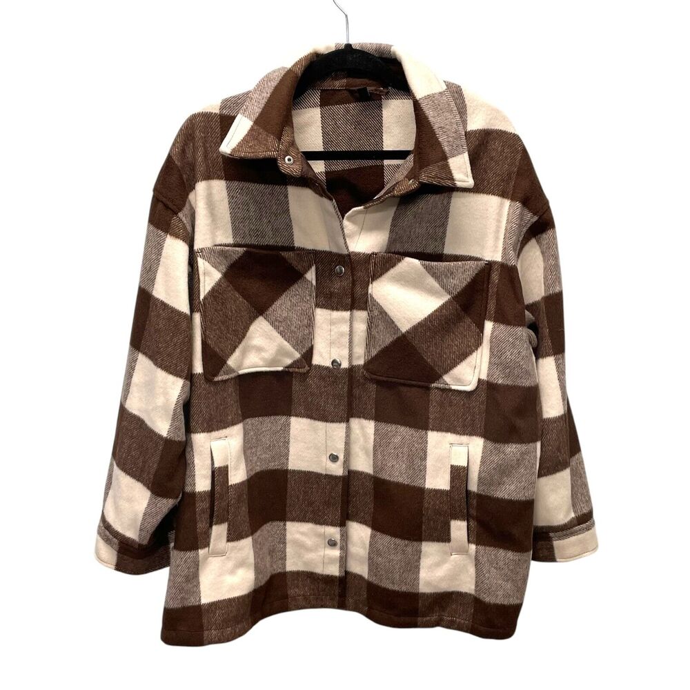 Divided Brown Plaid Shacket Collar Patch Pockets Snaps Womens L